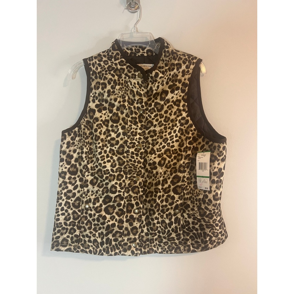 Jones New York Sport Womens Leopard Print Quilted Vest Brown Tan Mock Neck L NEW